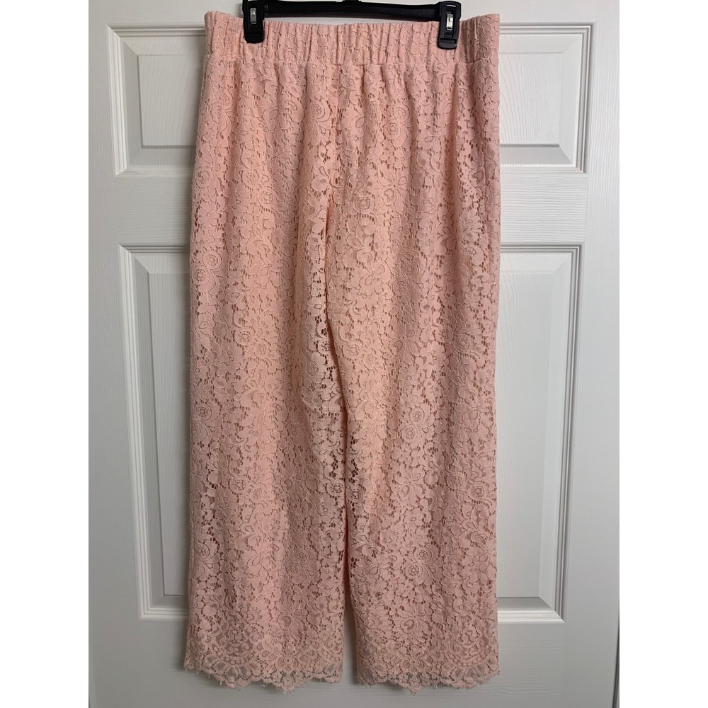 Isaac Mizrahi Live Pink Floral Lace Wide Leg Pants Scalloped Hem Medium - Picture 3 of 10